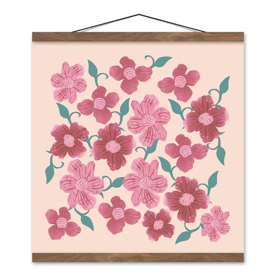 Pink Florals 16" x 16" Teak Hanging Canvas